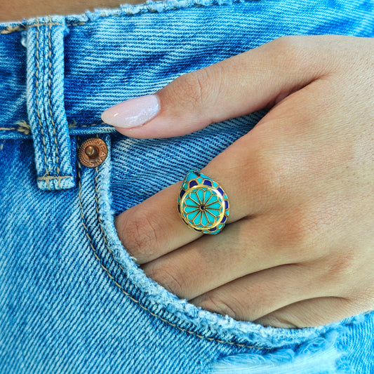 خاتم فسيفساء تراثي فيروزي بنقوش الأرابيسك Arabesque turquoise heritage mosaic ring