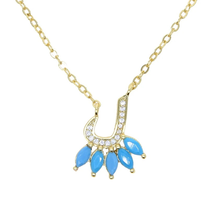 Golden Arabic letter L necklace with blue stones | عقد حرف لام عربي ذهبي مع أحجار زرقاء