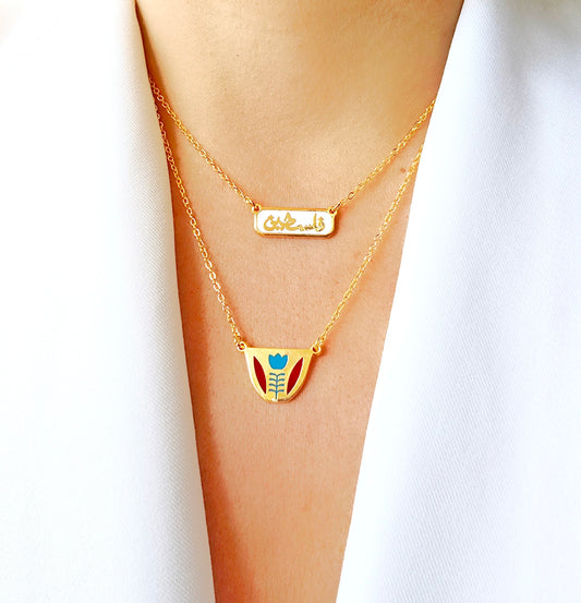 "Gold plated enamel necklace of Palestine عقد خريطة فلسطين مطلي ذهب مع مينا ملونة - متوفر في دبي وبيروت"