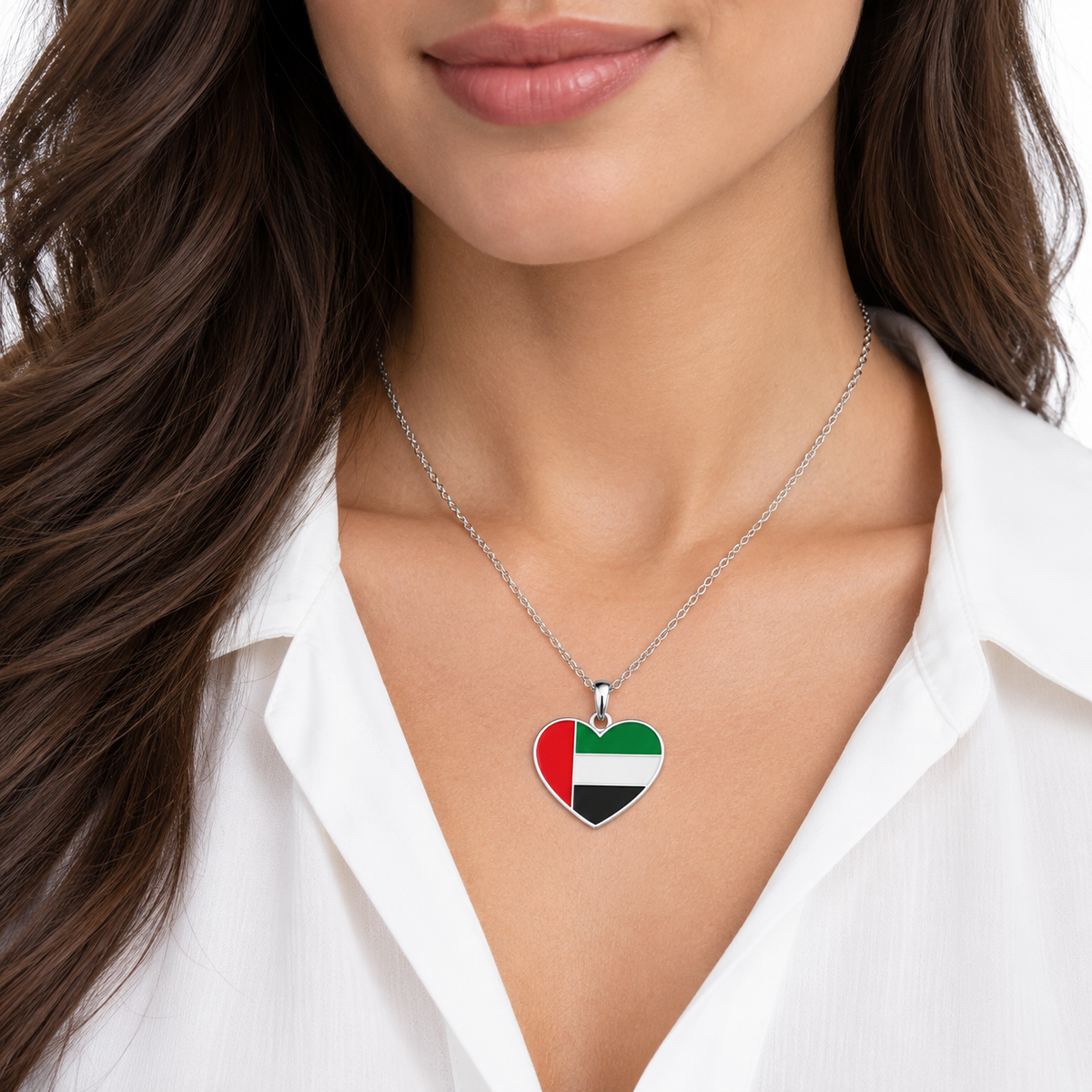 Mum & Me UAE heart necklace — silver finish, woman — generated styling image