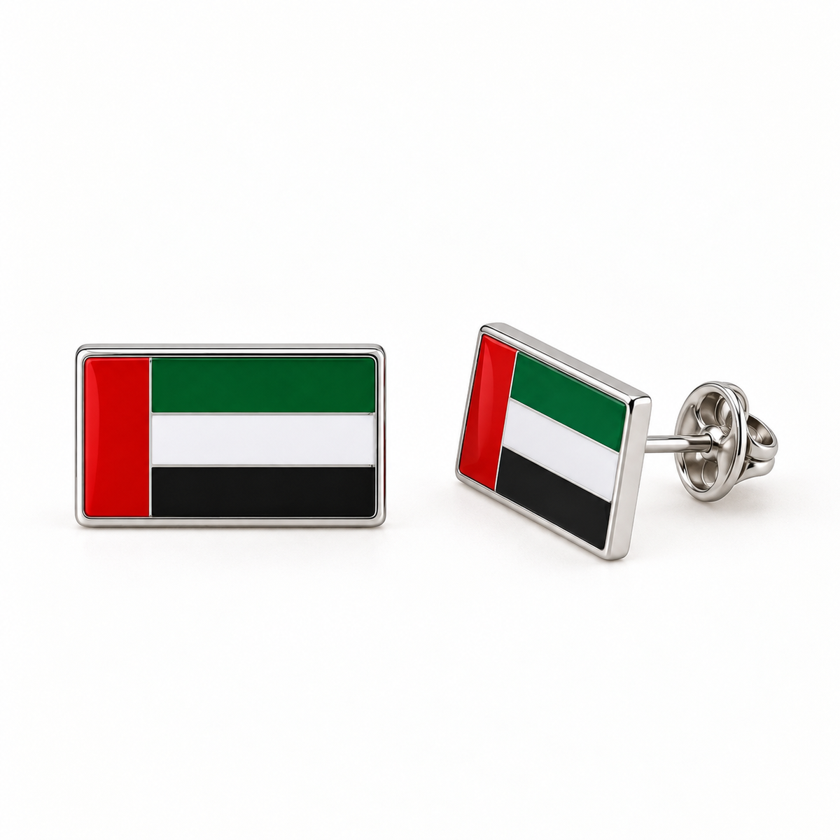 Rectangular UAE flag lapel pin in silver-tone metal with enamel and butterfly clasp