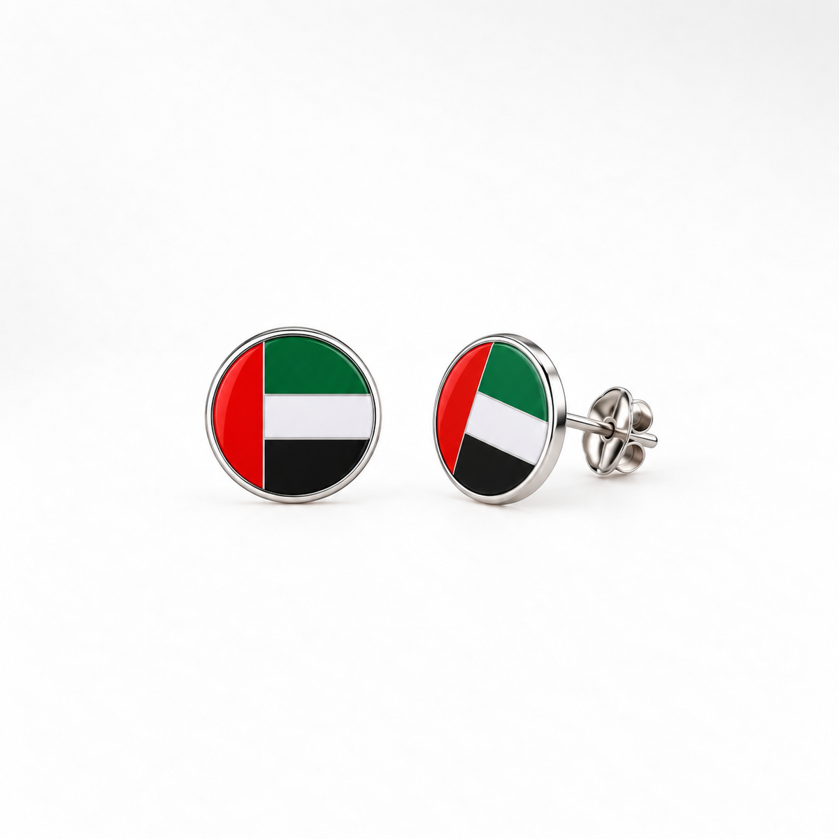 Round UAE flag lapel pin in silver-tone metal with enamel and butterfly clasp