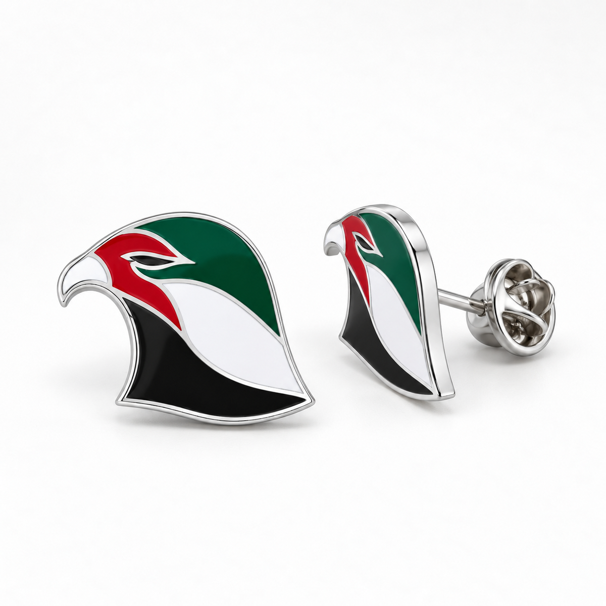 UAE falcon lapel pin in silver-tone metal with enamel and butterfly clasp