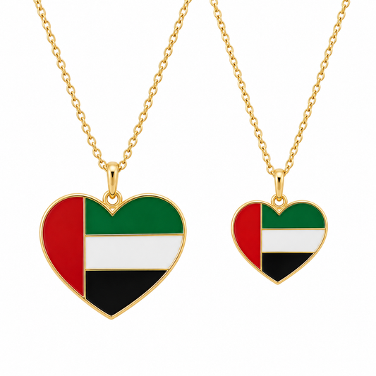 Mum & Me matching UAE flag heart necklaces in adult and child sizes — design mockup
