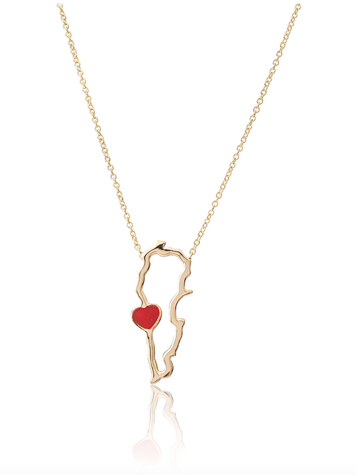 سلسال على شكل خريطة لبنان – 18K Gold handmade gift with heart detail