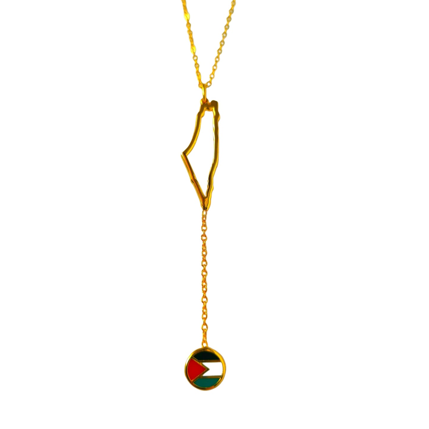 Gold-plated MiniLux necklace shaped as خريطة فلسطين with flag enamel – عقد مطلي ذهب بشكل خريطة فلسطين مع العلم بألوان المينا

