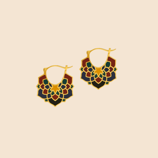 Pair of gold hoop earrings with colorful geometric design on a beige ,Miniz  enamel summer earrings mosaic arabesque background