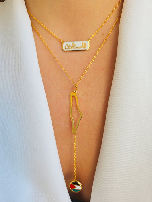 Gold-plated MiniLux necklace shaped as خريطة فلسطين with flag enamel – عقد مطلي ذهب بشكل خريطة فلسطين مع العلم بألوان المينا
