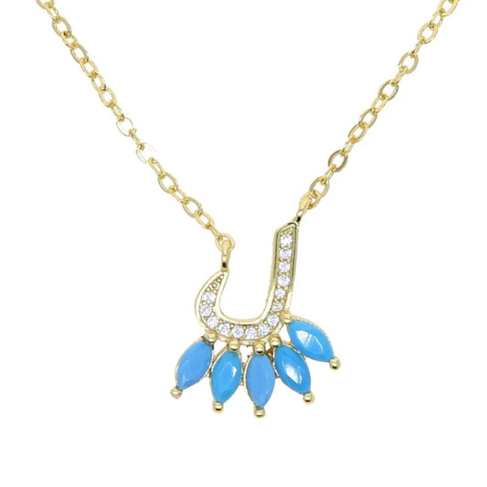 Golden Arabic letter L necklace with blue stones | عقد حرف لام عربي ذهبي مع أحجار زرقاء
