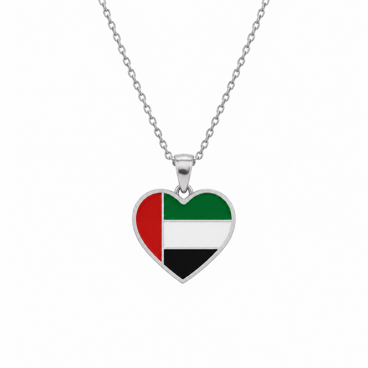 UAE flag heart necklace — silver finish, white — generated product styling