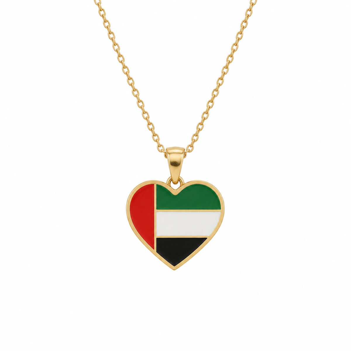 Kids’ UAE flag heart necklace with flat enamel and flush laminated gold lines — design mockup