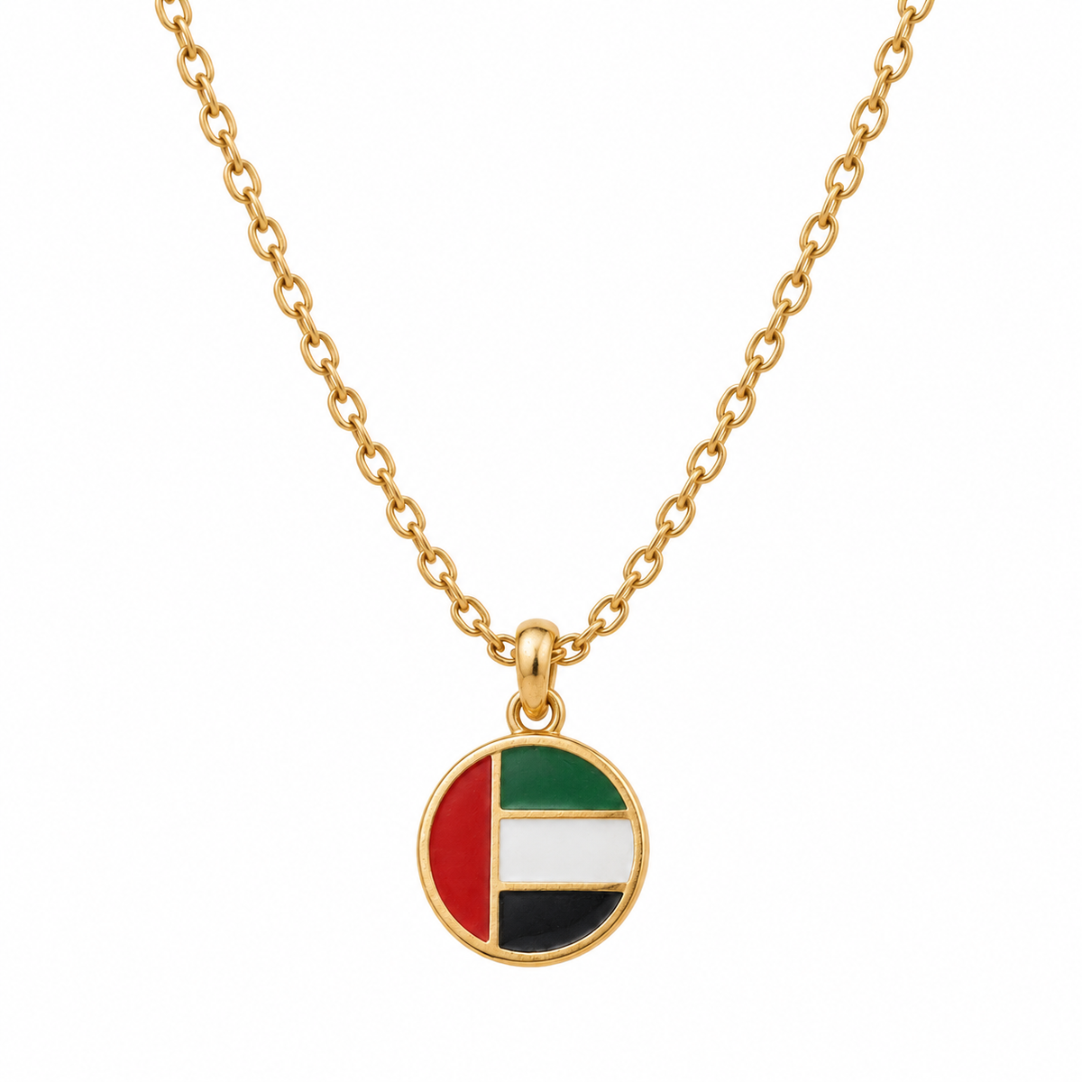Kids’ round UAE flag enamel necklace on a delicate gold-tone chain — design mockup | عقد علم الإمارات للأطفال