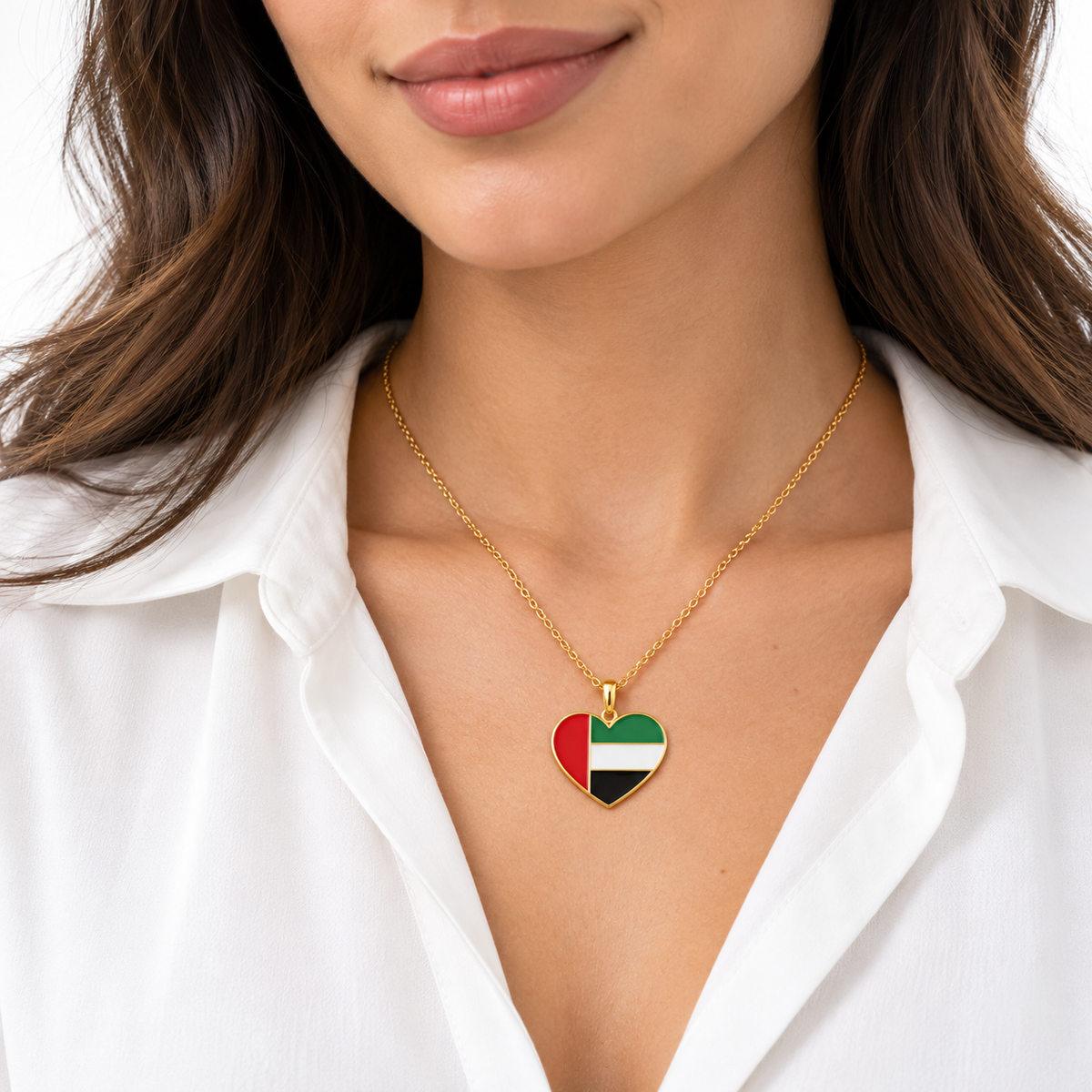 Mum & Me UAE heart necklace — gold finish, woman — generated styling image