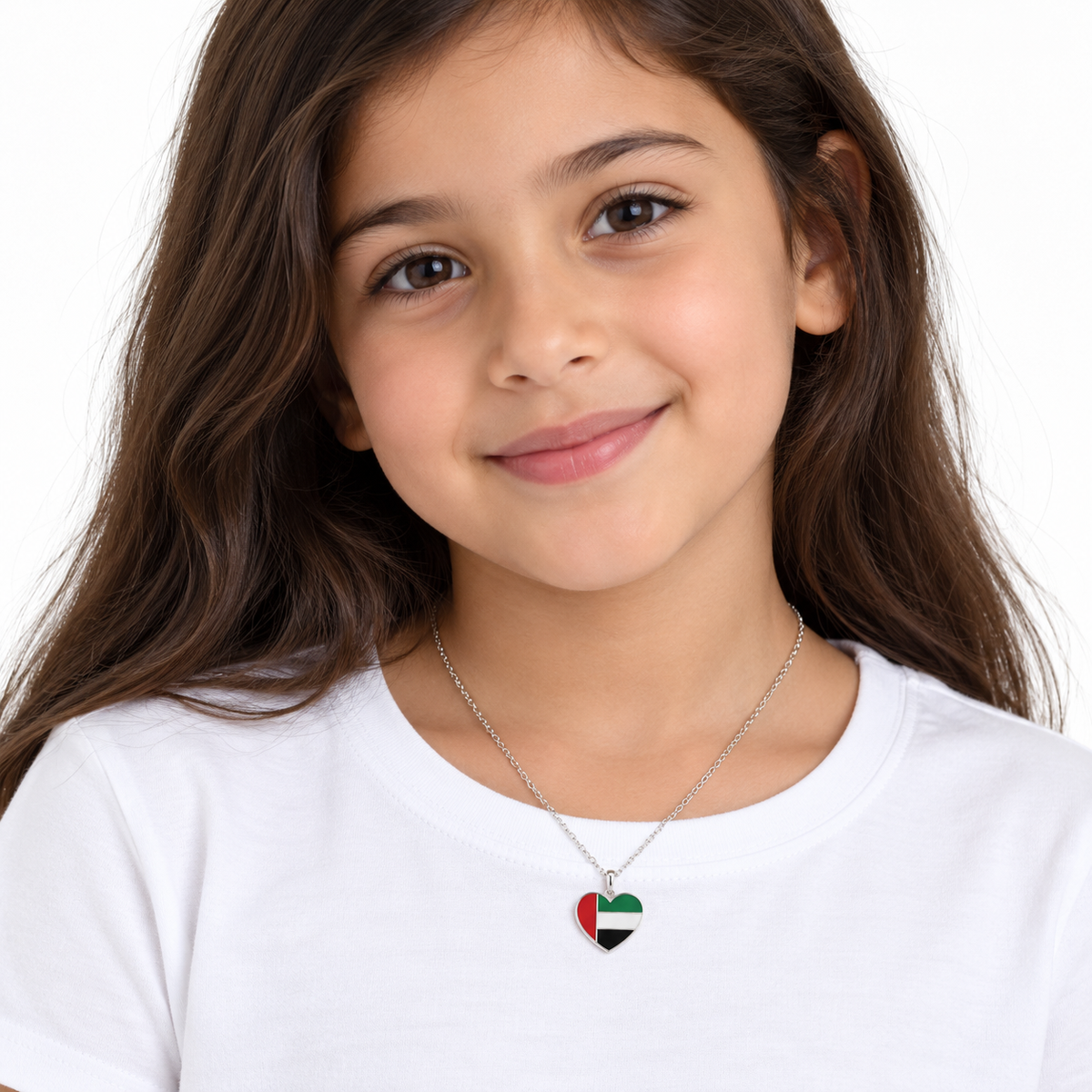 Mum & Me UAE heart necklace — silver finish, child — generated styling image