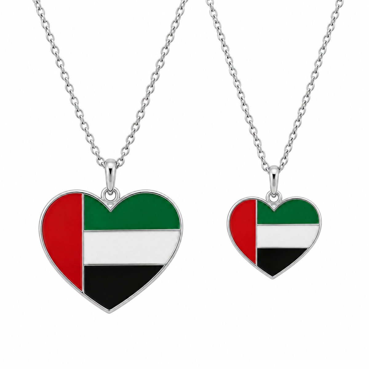 Mum & Me UAE flag heart necklace — silver finish, white — generated product styling