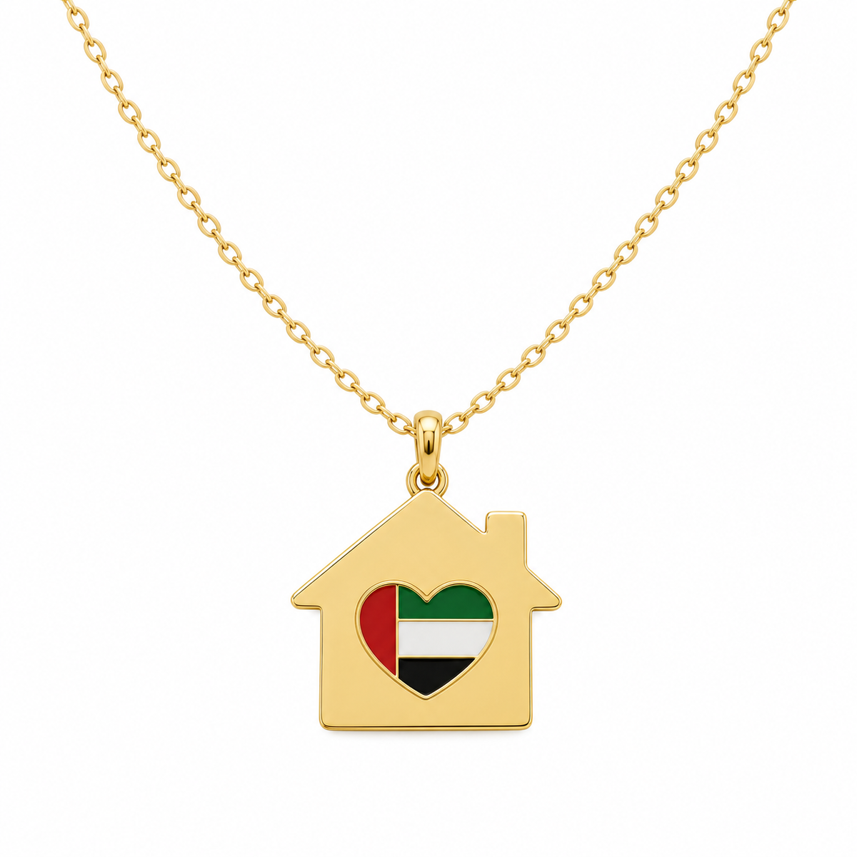 My UAE Home flat house necklace with UAE flag enamel heart, gold plated finish on white background