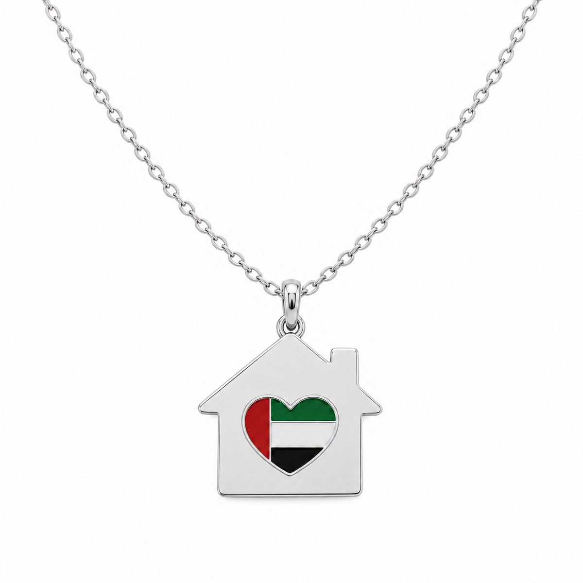 My UAE Home flat house necklace with UAE flag enamel heart, silver finish on white background