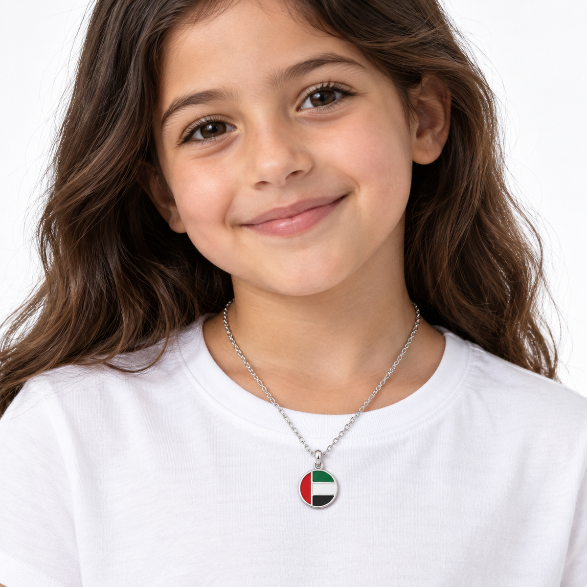 Round UAE flag necklace — silver finish, child — generated product styling