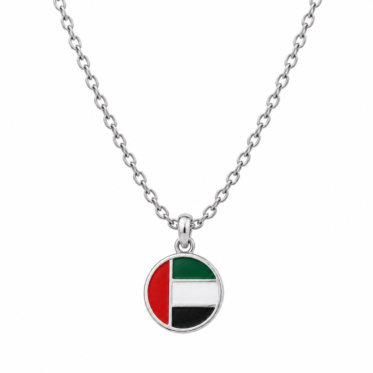 Round UAE flag necklace — silver finish, white — generated product styling
