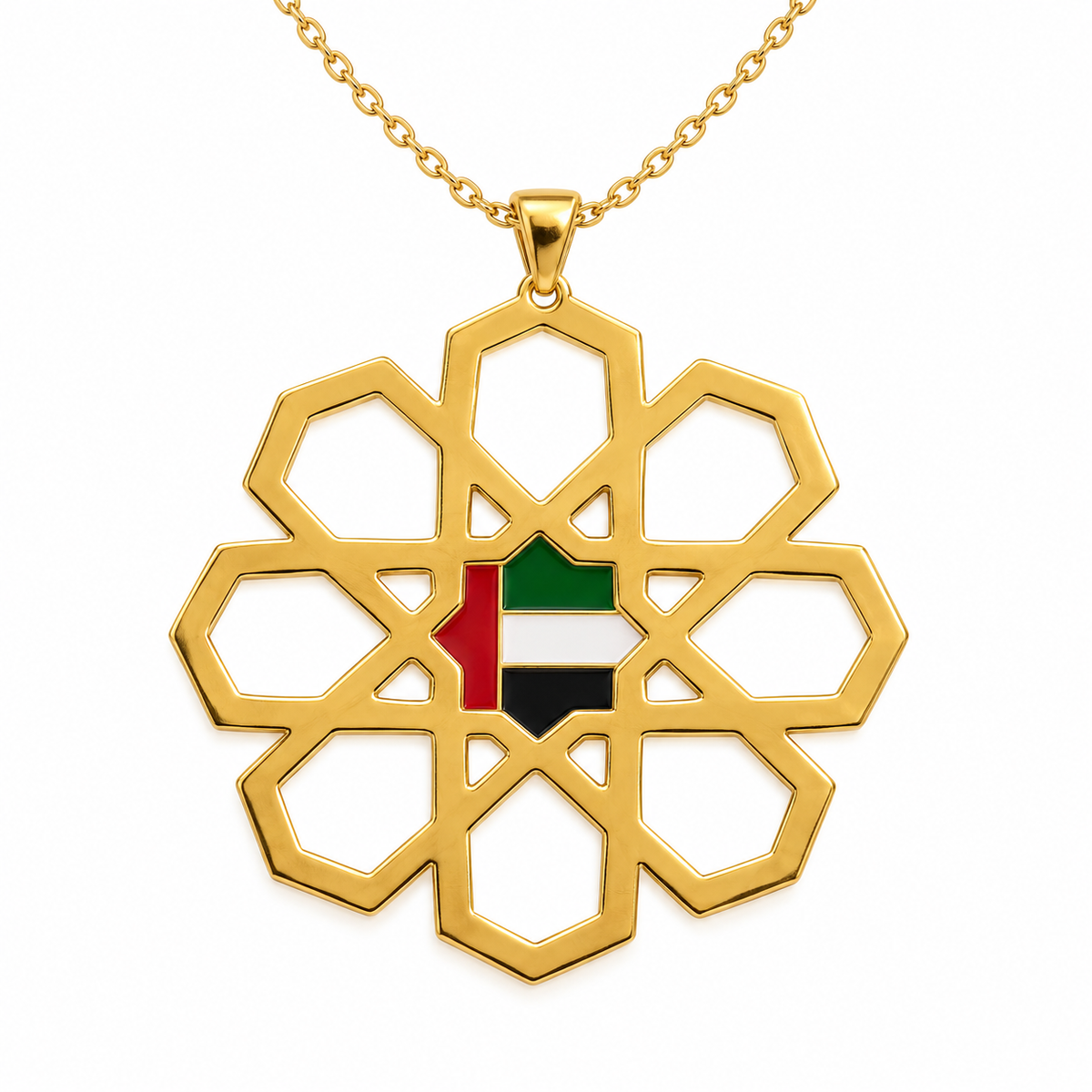 UAE Arabesque Star flat laser-cut necklace with UAE flag enamel centre star, gold plated on white background