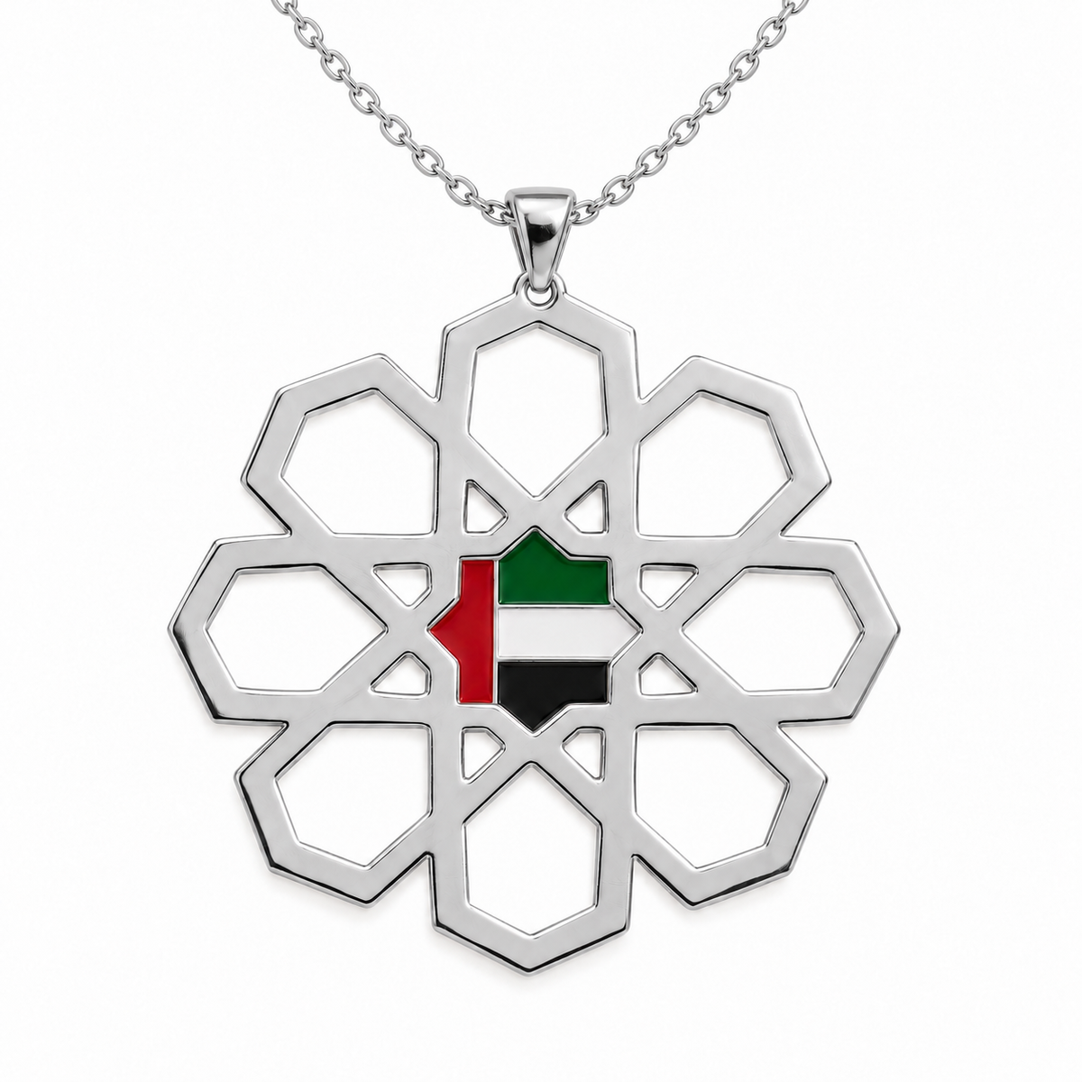 UAE Arabesque Star flat laser-cut necklace with UAE flag enamel centre star, silver finish on white background