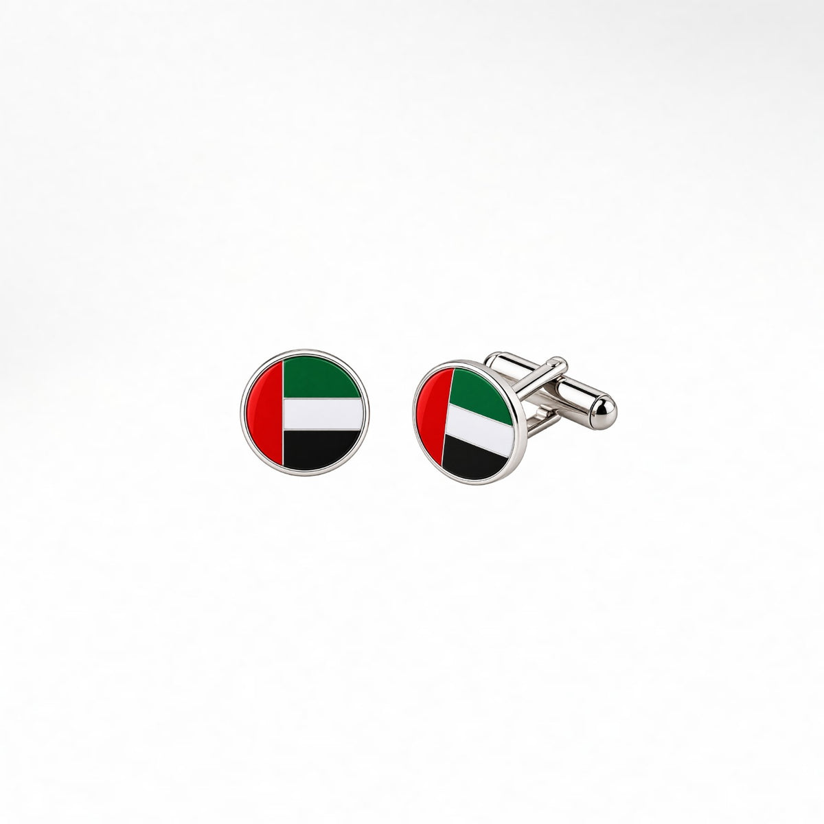Round UAE flag cufflinks in silver-tone metal with red, green, white and black enamel